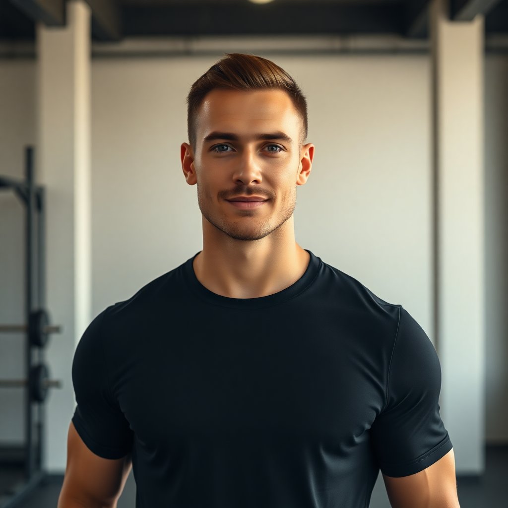 Professional portrait of a fit male personal trainer in his 30s, athletic build, short hair, wearing a clean black sports t-shirt, standing in a modern minimalist gym with soft dramatic lighting, premium cinematic look, high resolution, sharp focus, looking confident at the camera.
